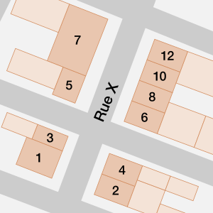 Example d'un plan d'une rue avec les numéros d'immeuble.